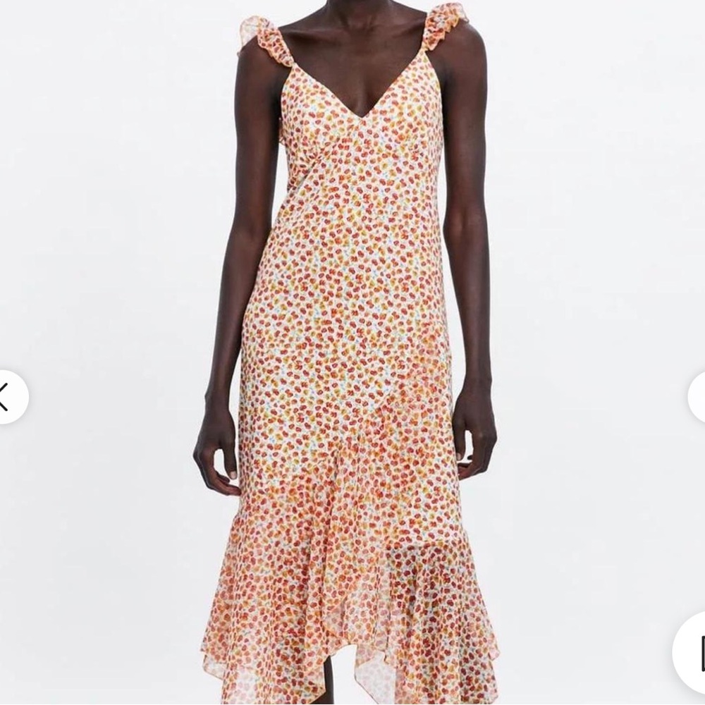 ZARA MULTICOLOURED V-NECK RUFFLED FLORAL PRINT MIDI DRESS SIZE S